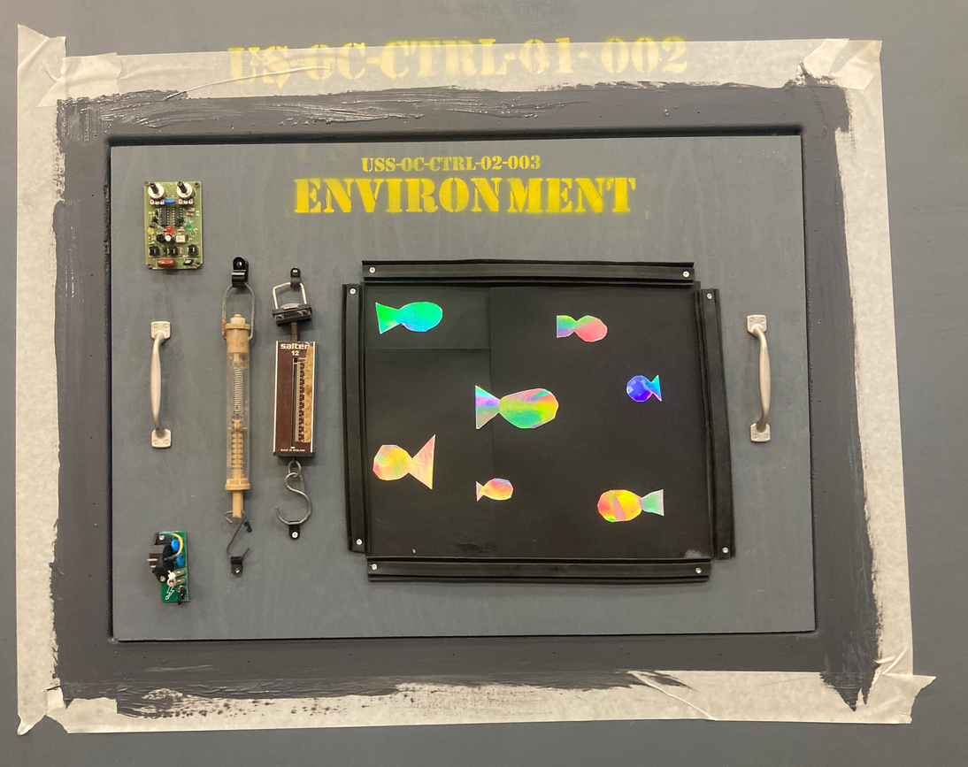 wooden panel with &quot;environment&quot; spray panted on it with glowing fish