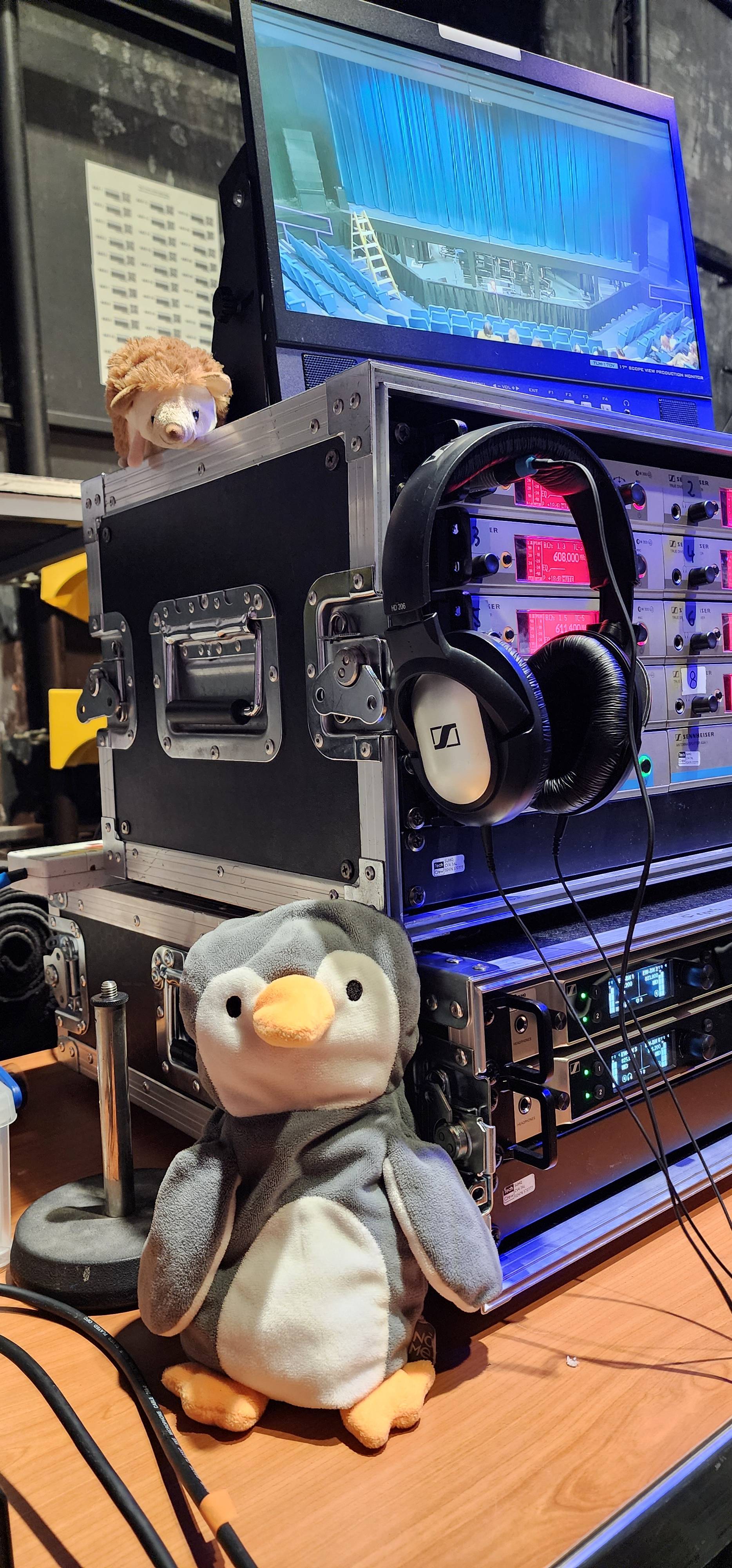 Pengy &amp; Hedgey by the radio mic racks during Queen of Spades.